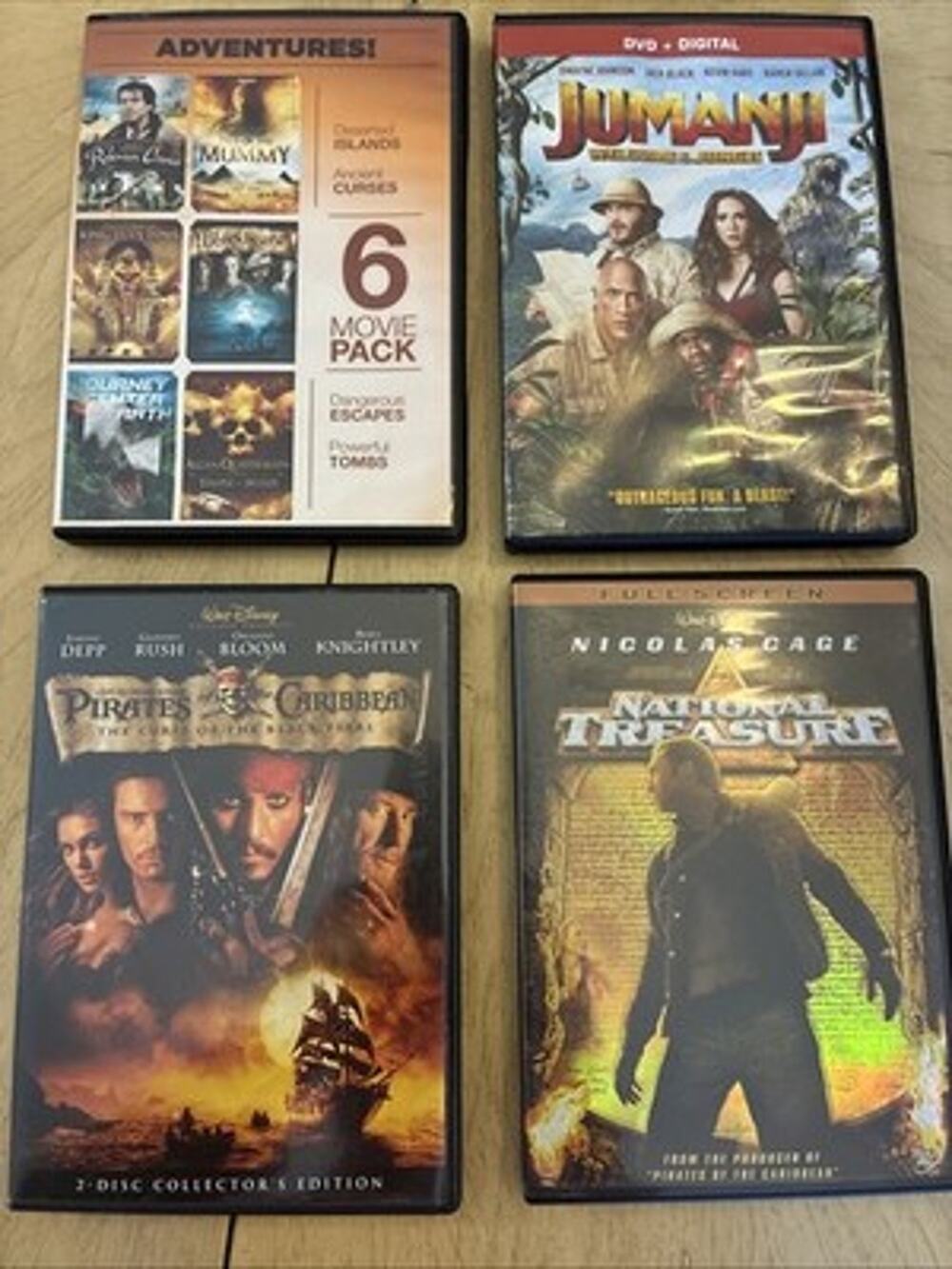 9 Movie Dvds Adventure JUMANJI, PIRATES CARIBBEAN, Mummy, National Treasure Lot